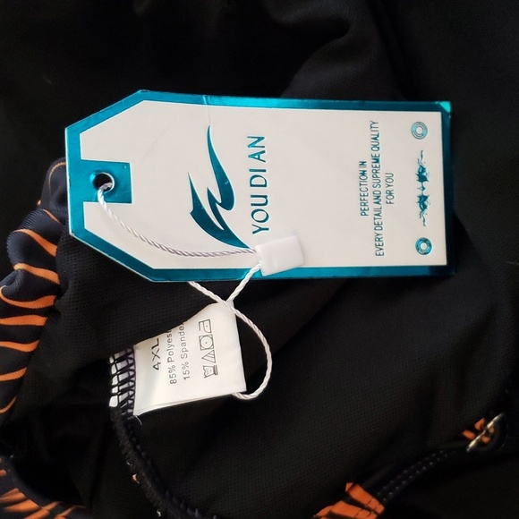 W You Di An Black with Orange Tropical Leaf Print Tummy Control Swimsuit SZ 4XL - Picture 7 of 10